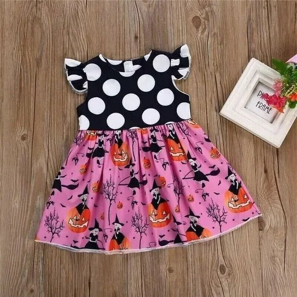 Toddler Baby Girl Princess Halloween Fall Pumpkin Witch Printed Dress Fashion 2T