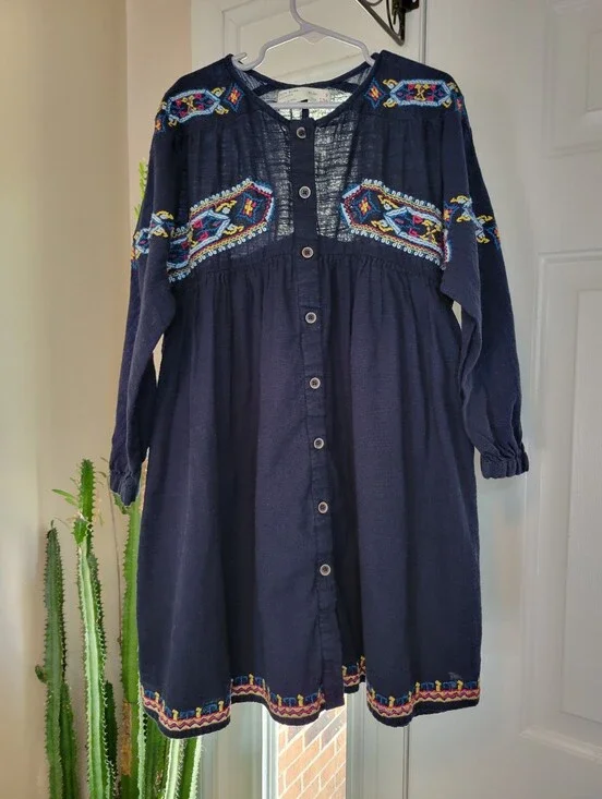 Zara Kids Bohemian‎ Embroidered Floral Navy Blue Cotton Dress, Size 9 Kids