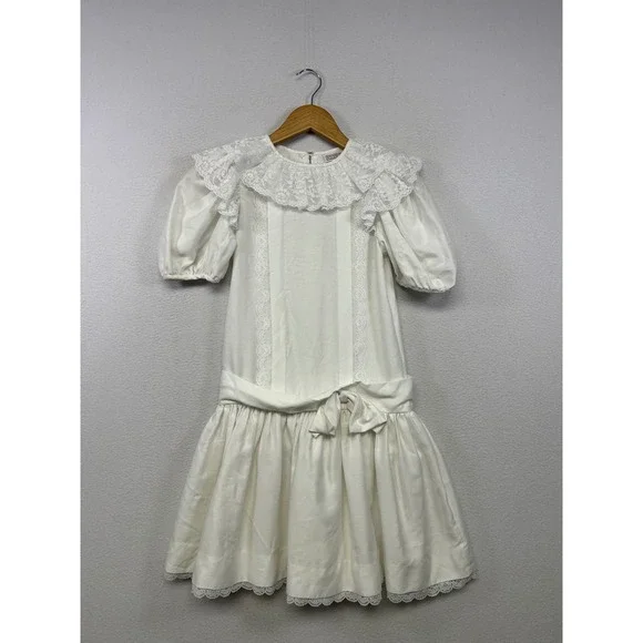 Vintage  Dorissa International Nicole Girls 10 Ivory Lace Drop Waist Dress