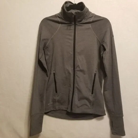 Nike M Jacket Dri-FIT Full Zip Gray Athletic Thumb Hole Compression Lightweight