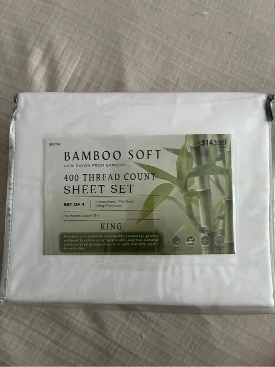 4 Piece King Size Crisp, Cool Bamboo Sheet Set, 400 Thread Count, NEW NIP $144