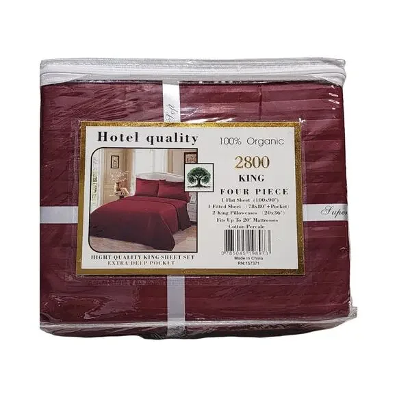 Super Soft 2800 Series King Sheet Set 4pc 100% Organic Burgundy Deep Pocket NWT