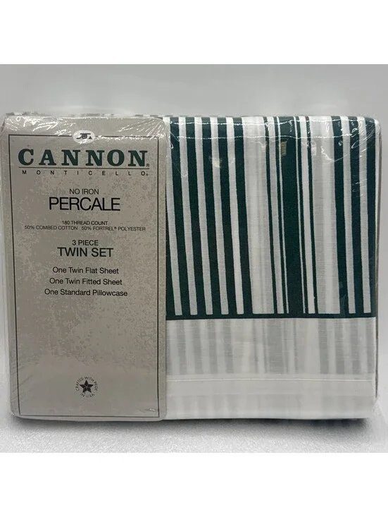 Vintage Cannon Monticello Green White Stripes No Iron Percale 3pc TWIN Sheet Set