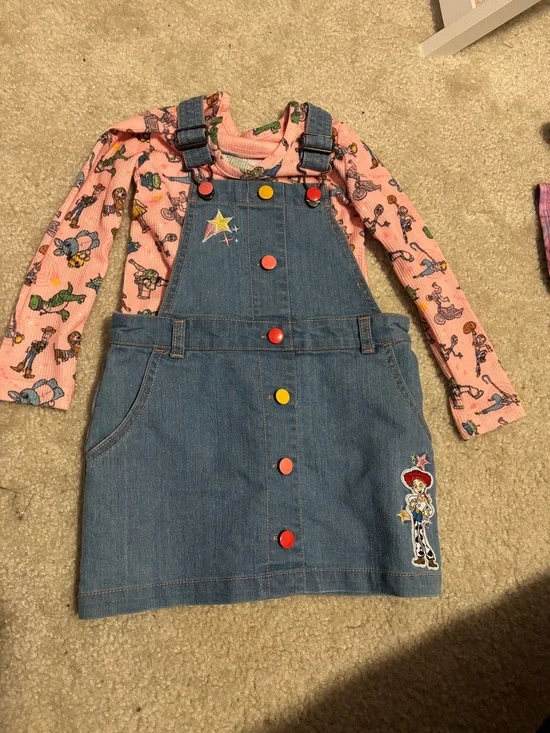 Toy Story Girls Denim Overall Dress with Colorful Buttons and Star Patch