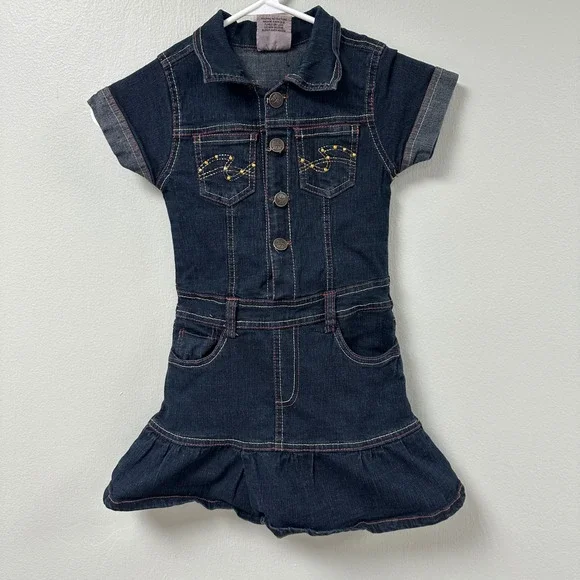 Vintage Kids 2B Real Girls Dark Wash Denim Dress Size 6X Rhinestone Button Front