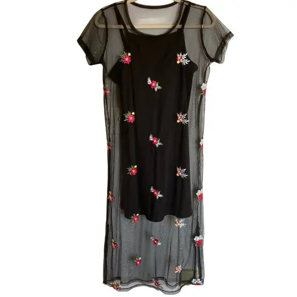 Art Class Girls XL Black Floral Embroidered Mesh Maxi Dress Whimsigoth Y2K Fairy