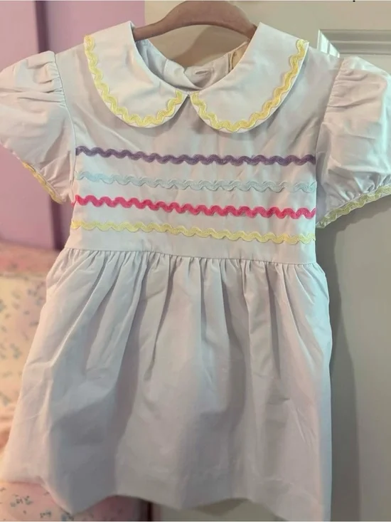 The Beaufort Bonnet Company White Dress with Pastel Rickrack