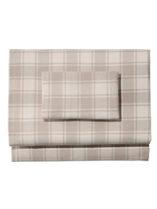 L.L. Bean King Ultrasoft Comfort Flannel Sheet Set Driftwood/Bone Check NWT $200