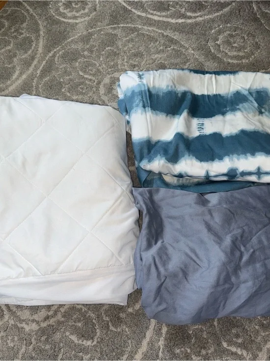 Set of Three crib Bedding Pieces - White, Blue Tie-Dye & Slate Blue