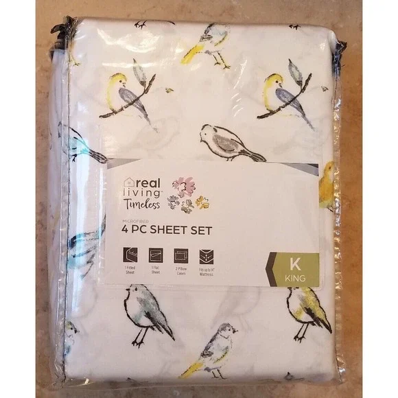 Real Living Timeless 4pc KING‎ Sheet Set Microfiber White Yellow Blue Birds NEW