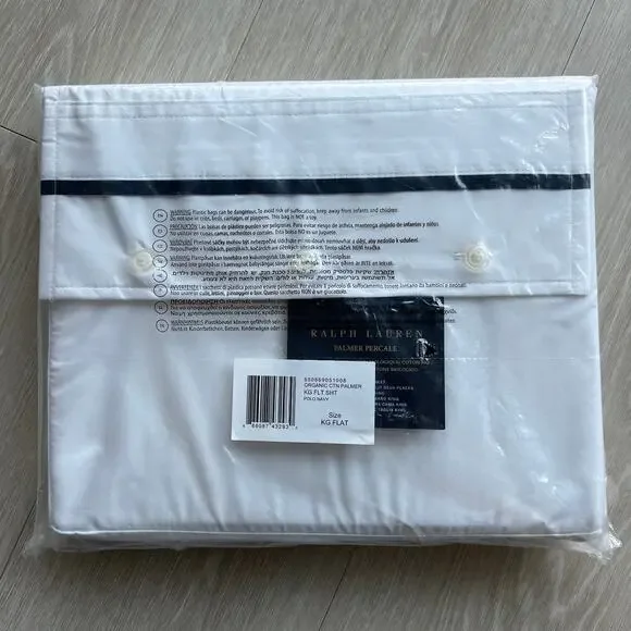 Ralph Lauren Palmer Percale King Flat Sheet White Polo Navy Organic Cotton