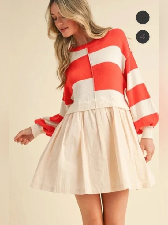 &Merci Mixed Media Stripe Sweater Dress in Red/Ivory Colorblock Knit Cotton