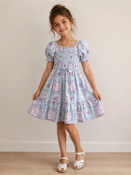 Nanette Lepore Blue and Pink Floral Smocked Puff Sleeve Dress size 8 y.o.