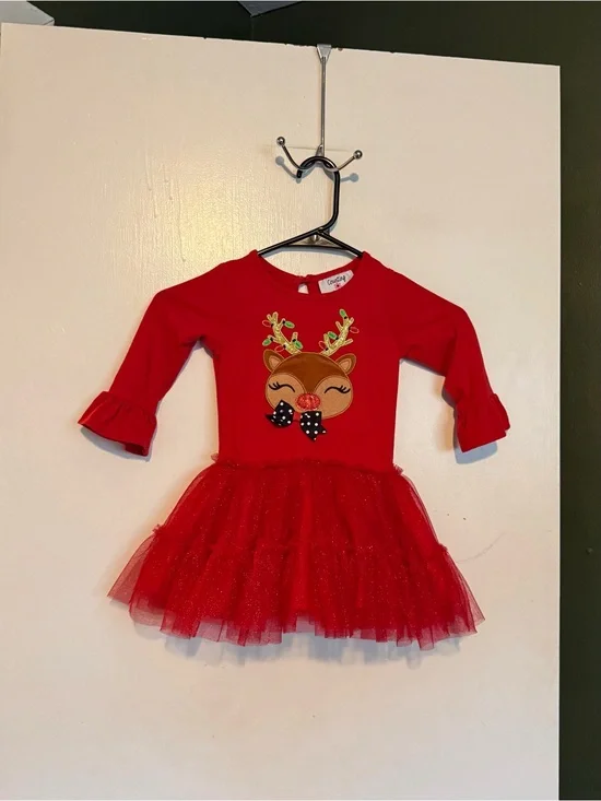 Counting Daisies red toddler Christmas reindeer tulle tutu dress size 2T