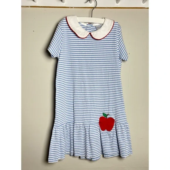 Little English Apple Appliqué Peter Pan Dress Girls 8 Back to School