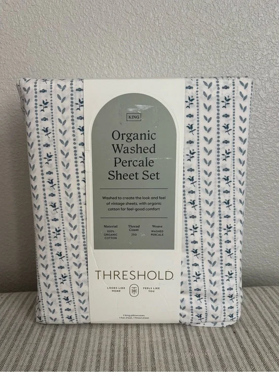 NWT King Organic Percale Printed Sheet Set Ivory Floral Stripe - Threshold