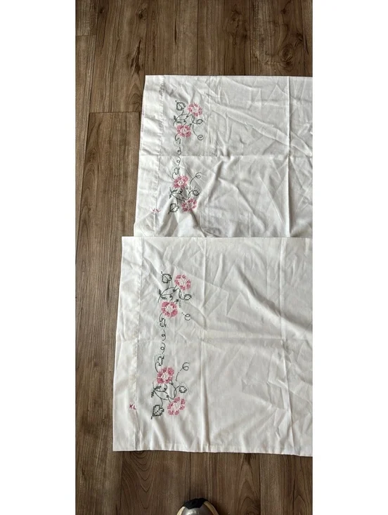 Pair of Vintage Hand Embroidered Floral White Cotton Pillowcases