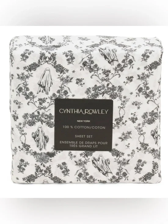 Cynthia Rowley Halloween Black & White Ghost Toile FULL‎ Sheet Set VIRAL Bedding