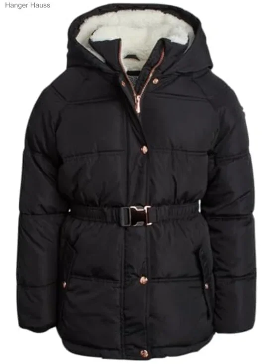 Girls Quilted Puffer Jacket Sherpa-Lined Belted Winter Coat Wind Resistant