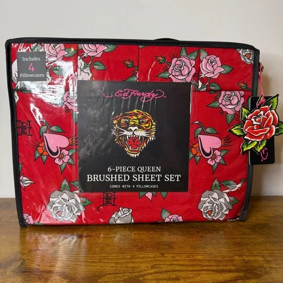 New Ed Hardy Queen 6 Pc Double Brushed Sheet Set Red Pink Roses Bedding Heart