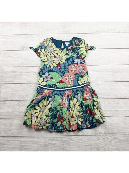 Gymboree Girls Floral Blue Short Sleeve Keyhole Back Dress S 5-6