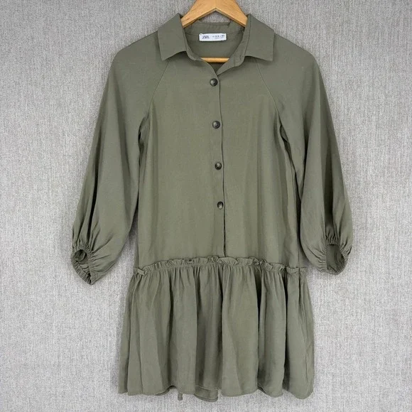 Zara Drop Waist Ruffle Hem Shirt Dress Girls 13-14 Olive Green Long Sleeve