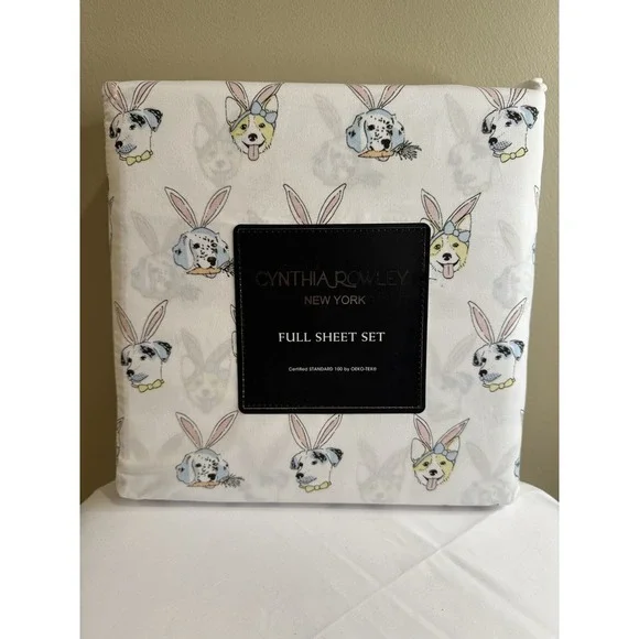 Cynthia Rowley Full Sheet Set Dogs With Bunny Ears Easter Spring Novelty Print‎