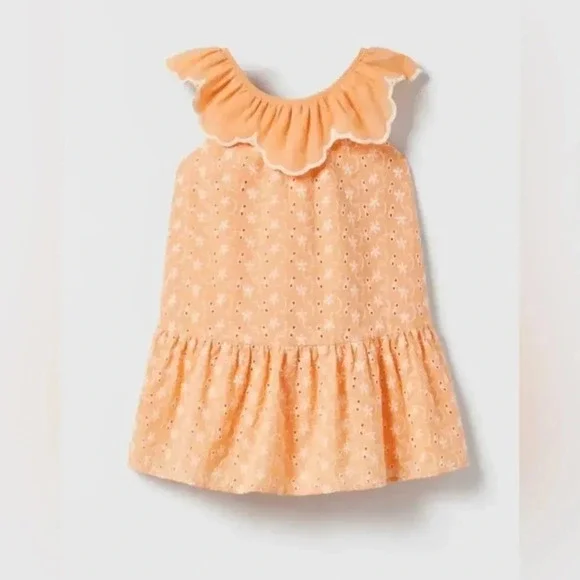 Zara Kids dress embroidered eyelet floral scalloped collar flower toddler peachy