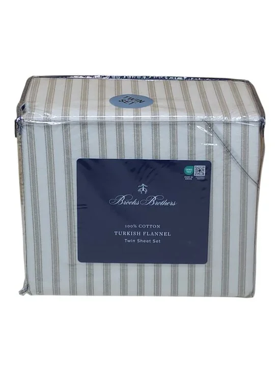 Brooks Brothers Turkish Flannel Twin Sheet Set 100% Cotton Striped Beige