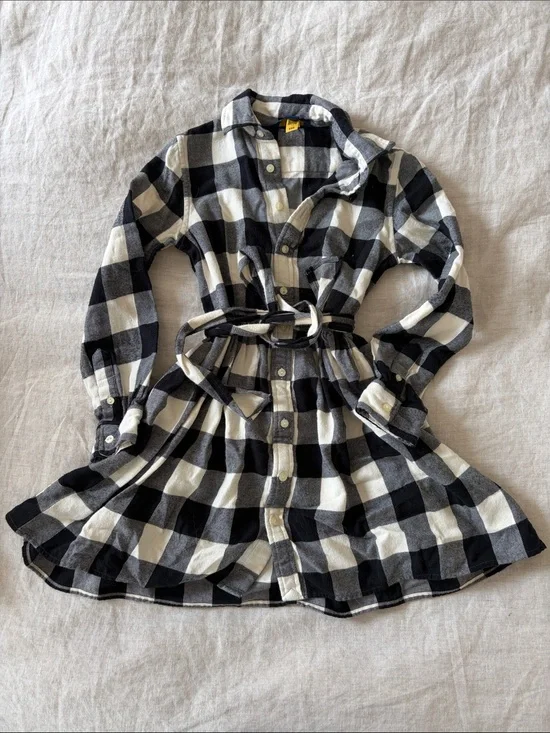 Girls Black & White Buffalo Plaid Shirt Dress with Tie Waist