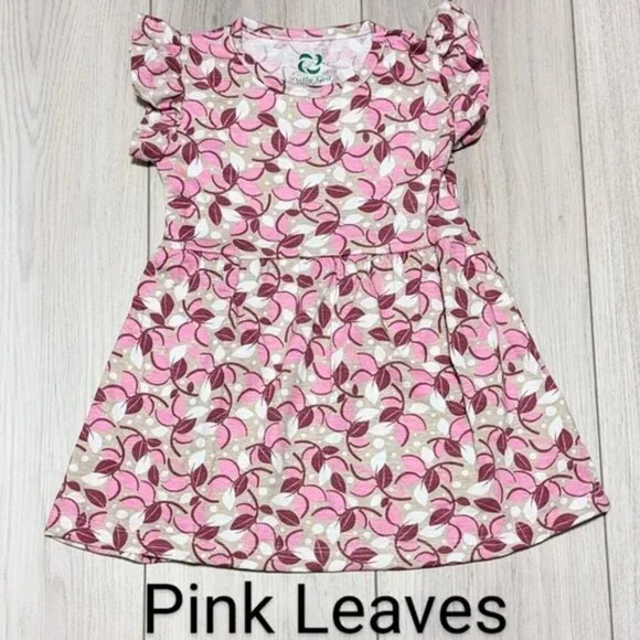 Toddler Girls Ruffle Sleeves Cotton Dress –Pink Leaves Print, NWOT , Casual Wear