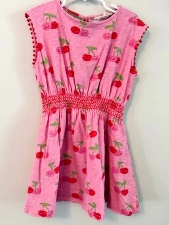 Mini Boden Pink Cherry Smocked Waist Sleeveless Dress size 5-6yr