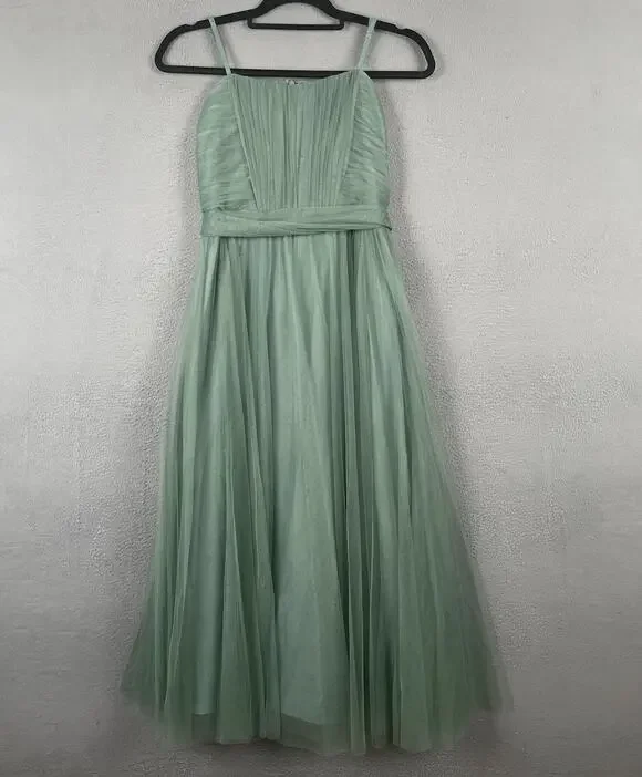 Revelry Dress Womens Junior 14 Green Tulle Formal Gown Spaghetti Strap 3277-R