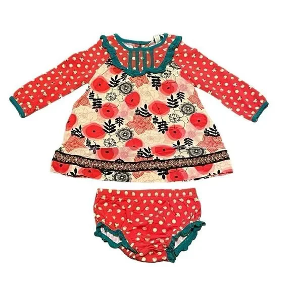 Matilda Jane Under The Tree Dress With Bloomers Red Green Cream Black 12-18 mos