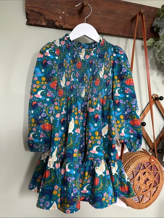 Mini Boden Teal Floral & Owl Smocked Casual Dress