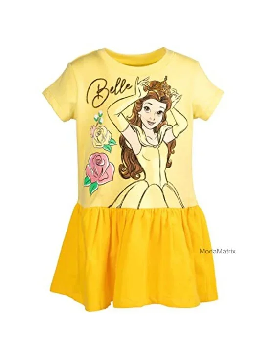 Disney Princess Belle French Terry Dress Girls Casual Pull On Short Sleeve