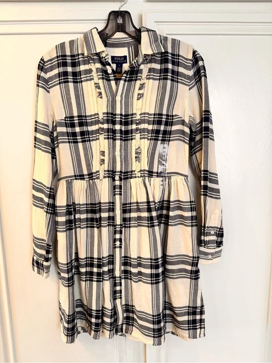 Polo Ralph Lauren girls flannel Plaid crm/navy babydoll Dress NWT size 16