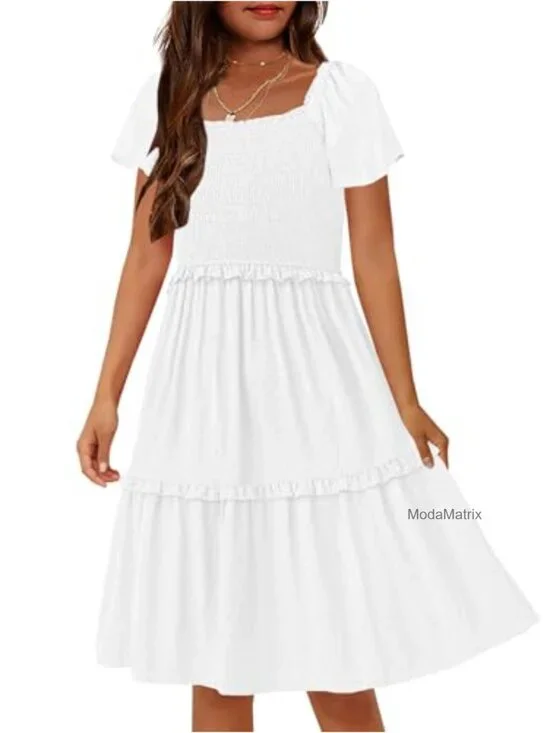 Girls Boho Swiss Dot Smocked Square Neck Ruffle Tiered Midi Dress with Pockets