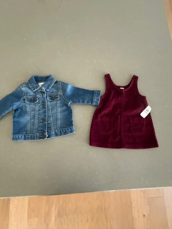 NWT/NWOT Baby Old Navy 6-12M Dark Wash Denim Jean Jacket & Maroon Dress