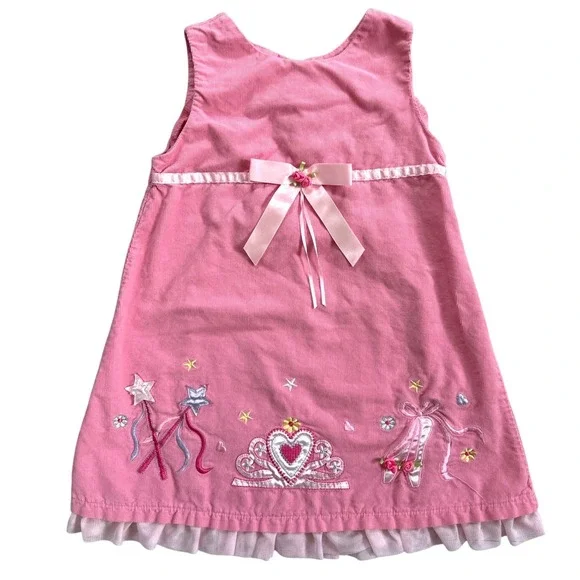 Girls Pink Corduroy A-Line‎ Sleeveless Dress Embroidered Princess Tiara Ballet 4