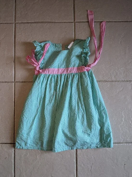 Girls Green Gingham Sundress with Pink Trim