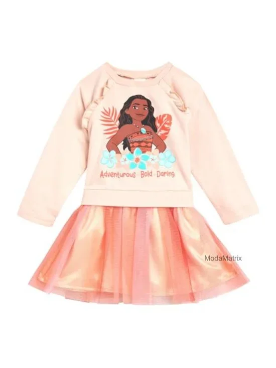 Girls Tulle Long Sleeve Dress with Glitter Moana Design
