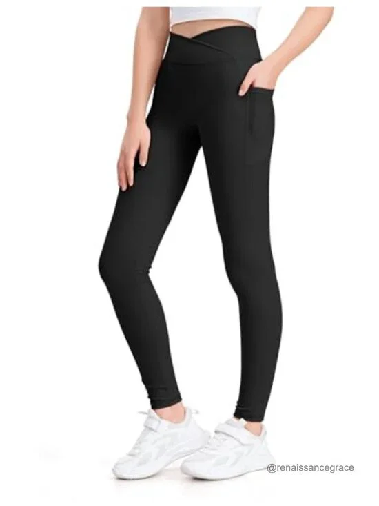 Kids Athletic Leggings High Waist Yoga Pants with Pockets