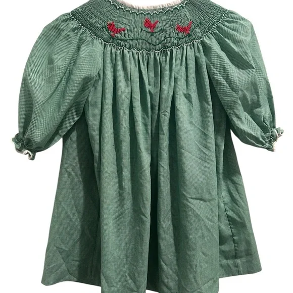 Green White Smocked Kids Dress with Embroidery Featuring Red Cardinals