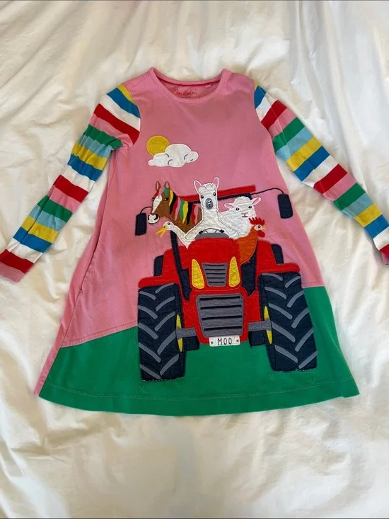 Mini Boden Pink & Green Tractor Farm Animal Appliqué Dress