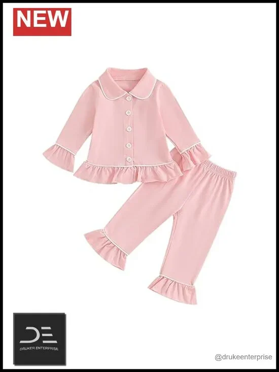 Toddler Girls Cotton Pajama Set Long Sleeve Button PJs with Peter Pan Collar