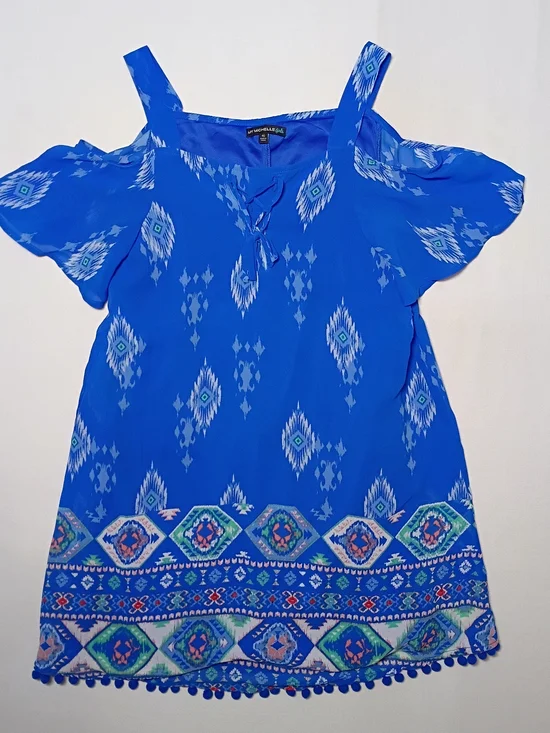 My Michelle Girls A Line Shift Dress Size 16 Blue Geometric Pattern Pom Trim