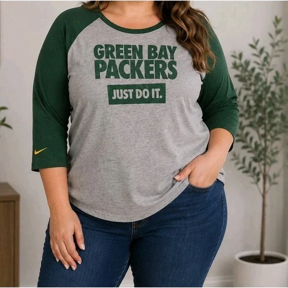 Nike Green Bay Packers Just Do It Raglan Shirt XXL Gray Green 3/4 Sleeve NFL