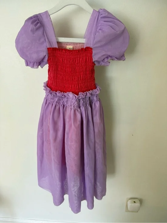 Girls' Casual Puff-Sleeve Dress in Lavender and Red
