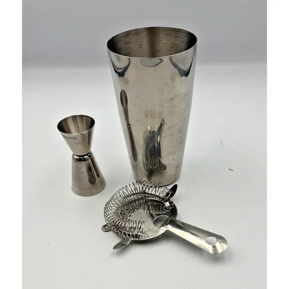 3-Piece Stainless Steel Bartender Set – Boston Shaker, Jigger, Hawthorne Straine